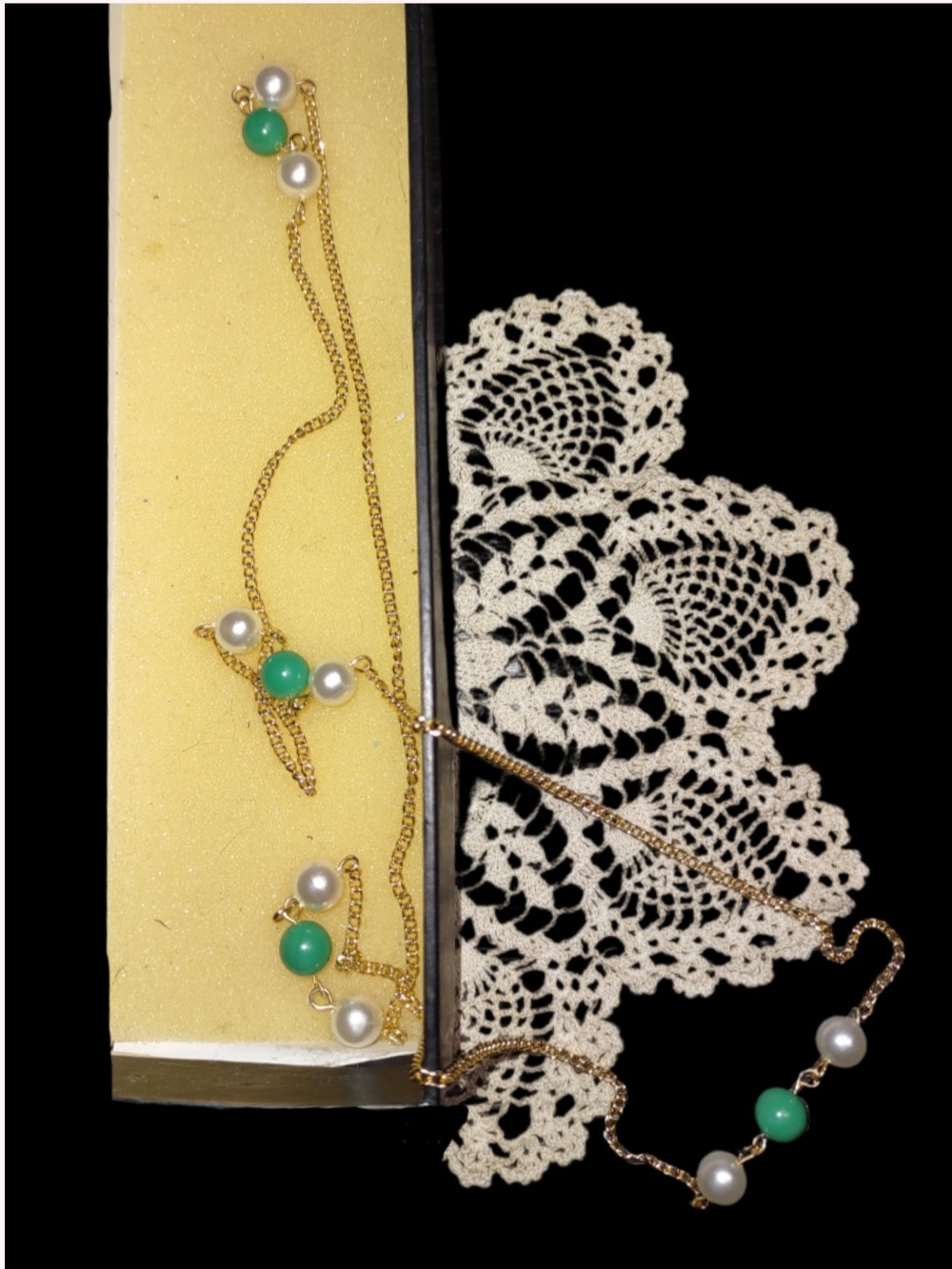 30" Gold Chain with Pearl & Green Stationed Beads Necklace - Picture 6 of 11